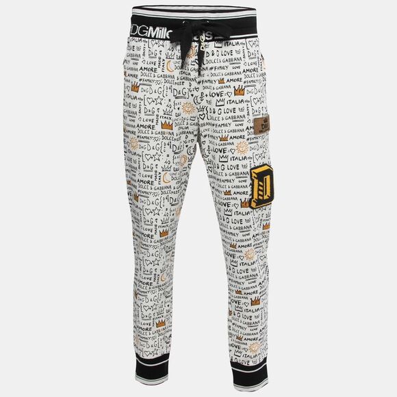 Dolce & Gabbana White Printed Cotton Knit Joggers 3XL